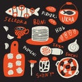 Russian food. Funny hand drawn illustration with food elements and name of dishes. Vector.