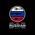 Russian Food Restaurant Logo. Russia flag symbol with Spoon, Knife, and Fork icons. Luxury and Premium Logo