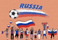 Russian football fans cheering with Russia flag colors in front
