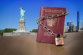 Russian foreign passport with metal chain and lock. USA Department of State blocked limited US visa issue for Russian people. US A