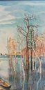 Russian forest in spring. The flood of the river. Oil painting.