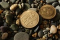 Old gold coins on stones. Royalty Free Stock Photo