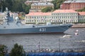 Russian frigate Admiral Kasatonov on the Neva River near University Embankment against the backdrop of buildings