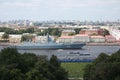 Russian frigate Admiral Kasatonov on the Neva River near University Embankment. View from St. Isaac`s Cathedral