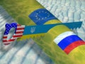 The Russian gas pipeline on the bottom of the Baltic Sea with the flags of Russia and the European Union. A hand saw with the Royalty Free Stock Photo