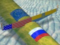 The Russian gas pipeline on the bottom of the Baltic Sea with the flags of Russia and the European Union. Royalty Free Stock Photo