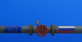 Russian Gas, russian gas mainline in europe, Russia flag and flag Europe, sanctions on Russian gas. 3D work and 3D illustration