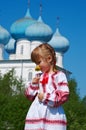 Russian girl on church Royalty Free Stock Photo