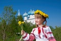 Russian girl on church Royalty Free Stock Photo