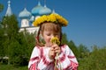 Russian girl on church Royalty Free Stock Photo