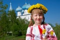 Russian girl on church Royalty Free Stock Photo