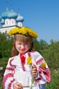 Russian girl on church Royalty Free Stock Photo