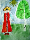 Russian girl in a forest - watercolor painting made by child