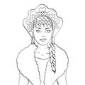 Russian girl with a scythe and in kokoshnike. National clothes of Russia. Vector object on a white background. Coloring