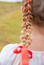 Russian girl Slavic appearance with braids with red ribbons in the field in autumn