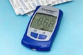 Russian Glucometer Satellite Express: medical device for quick test, sugar diabetes monitoring, measuring checking blood sugar in