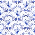 Russian Gzhel pattern. National floral background, Seamless navy blue ornament with birds and dots in the style of traditional por Royalty Free Stock Photo