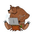 Russian hacker bear with laptop on wood stump