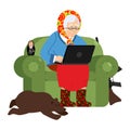 Russian hacker Grandmother and laptop. old woman in an armchair