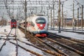 Russian high-speed train. Sapsan train. . Russia Metallostroy March 8, 2019