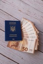 Ukraine passport for traveling in Europe against the background of Euro banknotes and wood. Royalty Free Stock Photo