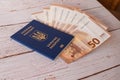 Ukraine passport for traveling in Europe against the background of Euro banknotes and wood. Royalty Free Stock Photo