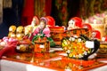 Russian home-made various souvenirs on sale at a city fair. nesting dolls and containers