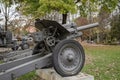 Russian howitzer gun from year 1938. Divisional artillery piece. Military anti tank equipment. Russian army weapon from World War