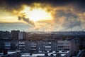 Russian industrial city sunrise with smoke