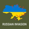 2022 Russian invasion of Ukraine. Map of Ukraine in colors of Ukrainian flag, red arrows of Russian attacks. Vector