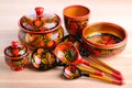 Russian khokhloma kitchen utensils Royalty Free Stock Photo
