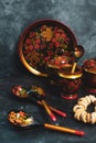 Russian khokhloma, traditional wood painting handicraft souvenirs top view