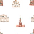 Watercolor seamless pattern with Russian landmarks, Kremlin, St. Basil`s Cathedral, Cathedral of Christ the Savior, Bolshoi