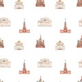 Watercolor seamless pattern with Russian landmarks, Kremlin, St. Basil`s Cathedral, Cathedral of Christ the Savior, Bolshoi