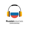 Russian language learning logo icon with headphones. Creative russian class fluent concept speak test and grammar