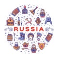 Russian line icons circle infographics. Russian traditional symbols Colorful poster