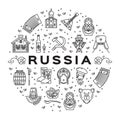 Russian line icons circle infographics. Russian traditional symbols - flag, food, matryoshka doll, vodka, samovar