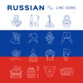 Russian line icons. Russian traditional symbols - flag, matryoshka doll, vodka food, samovar, balalaika, bear, USSR Royalty Free Stock Photo