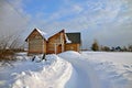 Russian log house in winter. Village Visim, Ural region, Russia Royalty Free Stock Photo