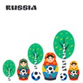Russian Matrioshka, birch and football ball in flat style. Russia symbol with soccer ball. Traditional nesting doll