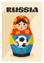 Russian Matrioshka. Greeting card with Russia symbol with soccer ball and text Russia. Vector traditional russian