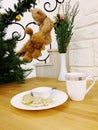 Russian meat dumplings and coffee. Christmas decoration Royalty Free Stock Photo