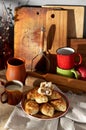 Russian meat piroshki. Traditional hand mini pies on wooden background