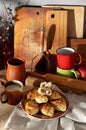 Russian meat piroshki. Traditional hand mini pies on wooden background Royalty Free Stock Photo