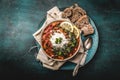 Russian Meat Solyanka Soup In a Bowl with lemon and cream