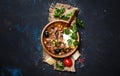 Russian Meat Solyanka Soup In Wooden Bowl, Top View