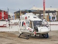 Russian medical helicopter Ansat is demonstrated at the exhibition area on the Black Sea coast in the parking.