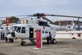 Russian medical helicopter Mi-8AMT is demonstrated at the exhibition area on the Black Sea coast in the parking.