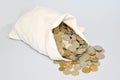 The Russian metallic currency is scattered from a bag. Bag of mo Royalty Free Stock Photo