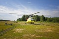 Russian Mi-8 passenger helicopter parked at the rural airfield in Siberia